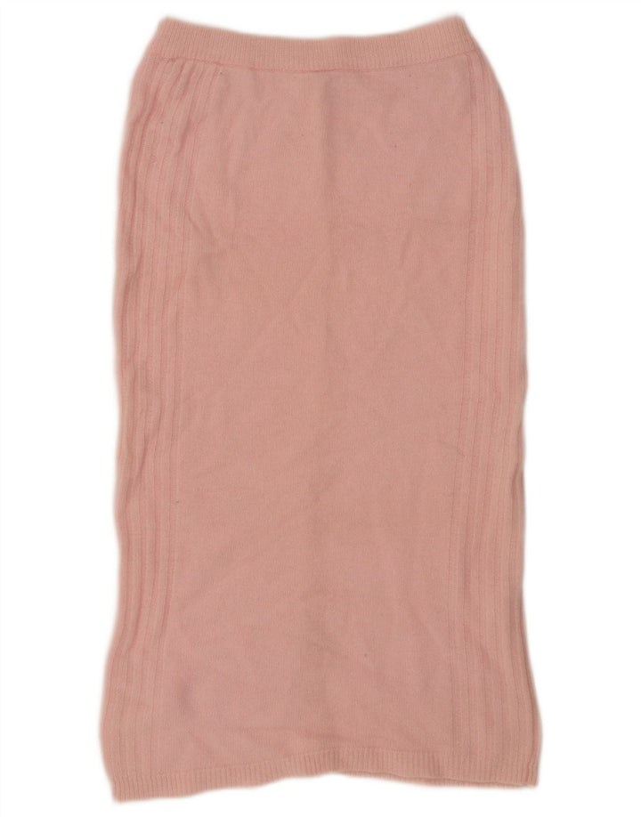Saia midi de malha feminina vintage EU 38 médio W34 lã de cordeiro rosa