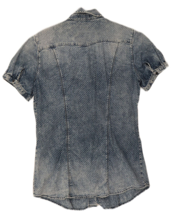 Camisa jeans feminina de manga curta Gas UK 12 algodão manchado azul médio