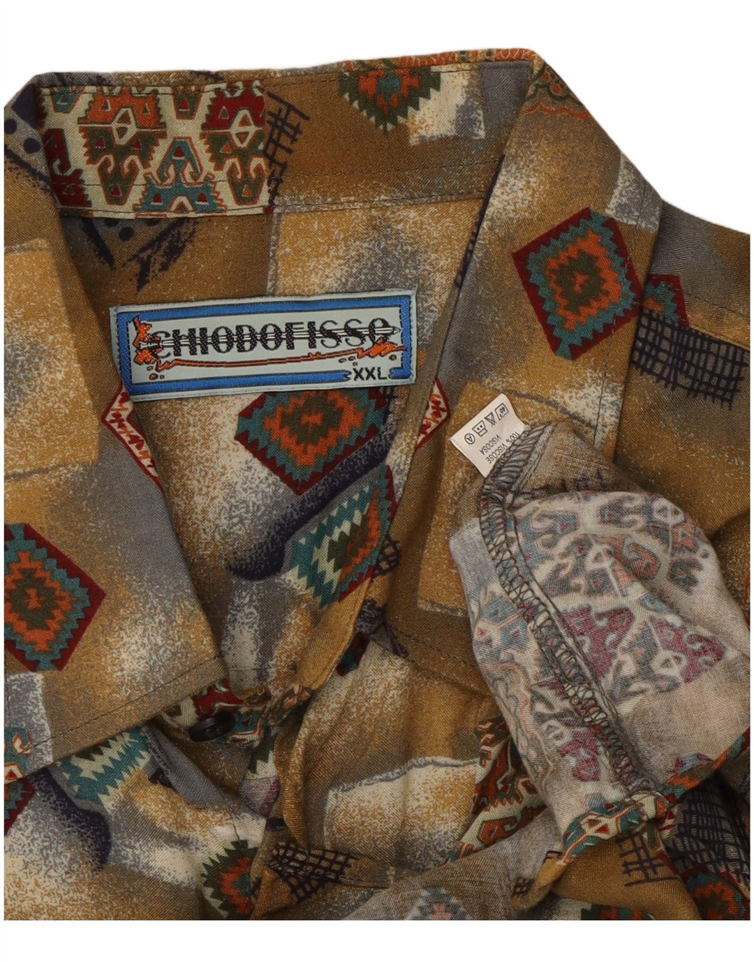 Camisa masculina vintage de manga curta 2XL cáqui patchwork viscose