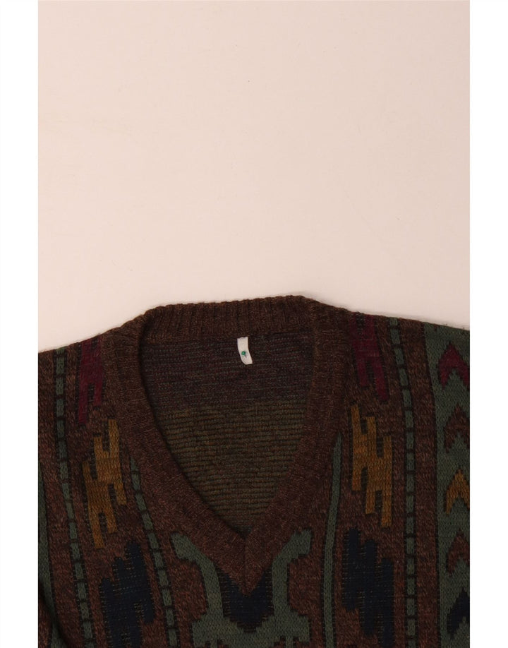 Suéter masculino VINTAGE com decote em V IT 50 médio marrom geométrico