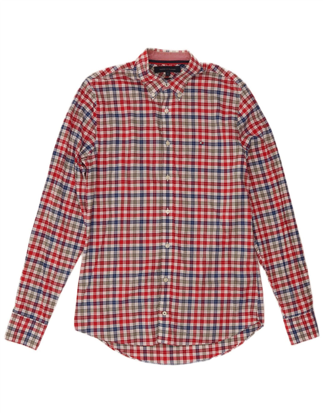 Tommy Hilfiger Camisa masculina slim fit pequena de algodão guingão multicolorido