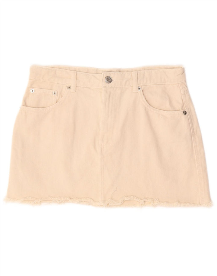 Zara Mini saia jeans feminina grande W30 algodão bege