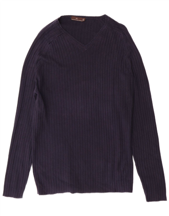 Suéter masculino Zara com decote em V grande algodão azul marinho
