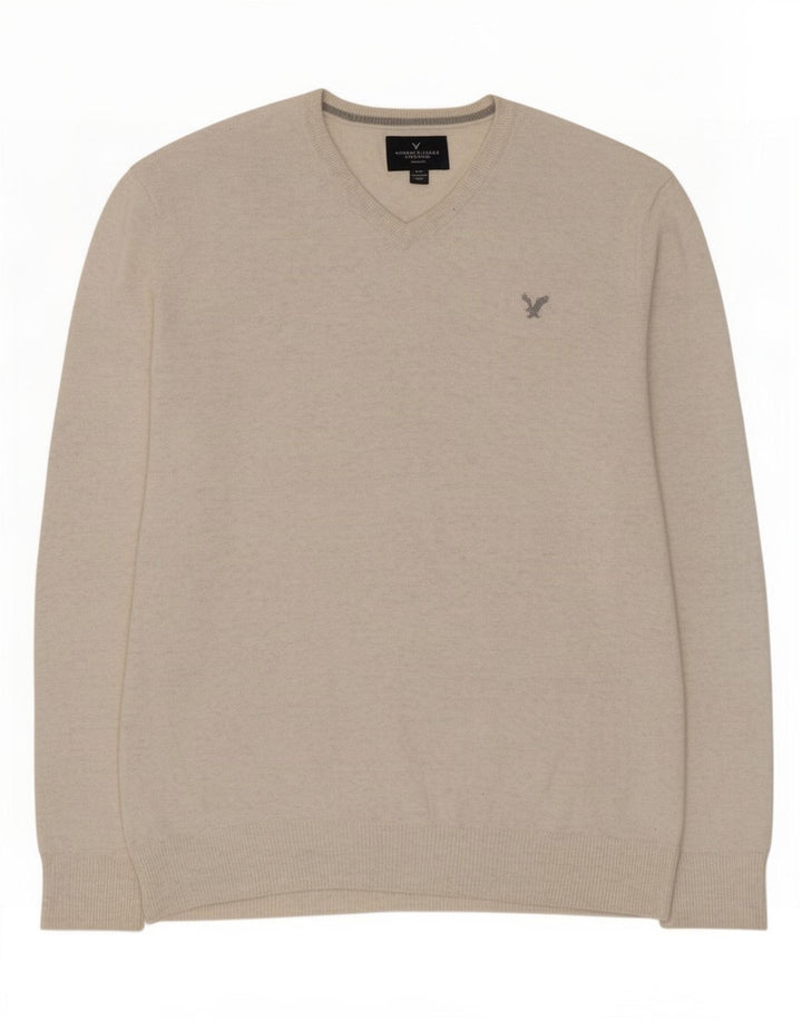Suéter masculino American Eagle Outfitters com decote em V, médio bege salpicado