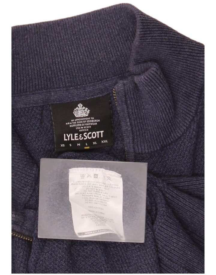 Suéter masculino Lyle & Scott com zíper e gola grande de algodão azul marinho