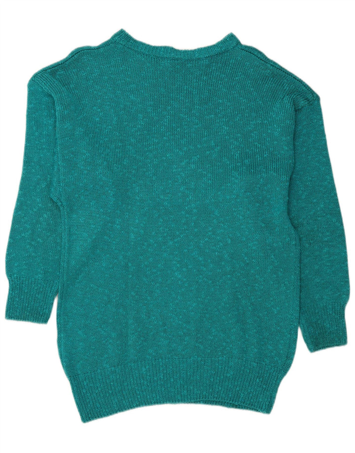 Suéter feminino VINTAGE com gola canoa EU 36 pequeno turquesa salpicado