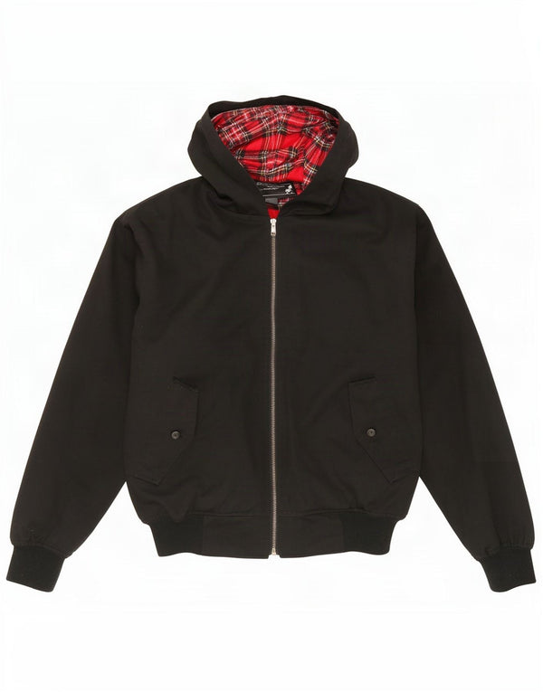 Jaqueta bomber com capuz masculina vintage poliéster preto pequeno Reino Unido 36