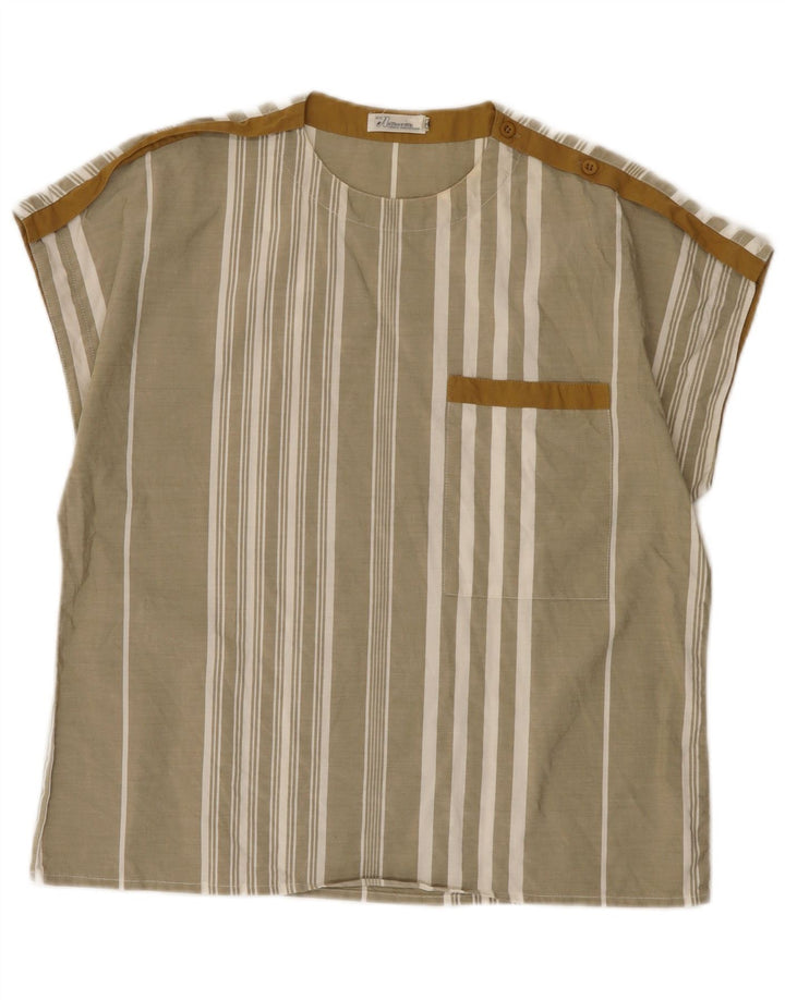 Blusa feminina vintage top EU 40 algodão listrado cáqui médio