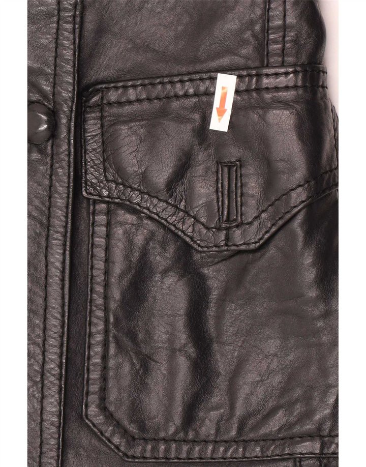 Jaqueta de couro vintage feminina com peito duplo Reino Unido 8 pequena preta