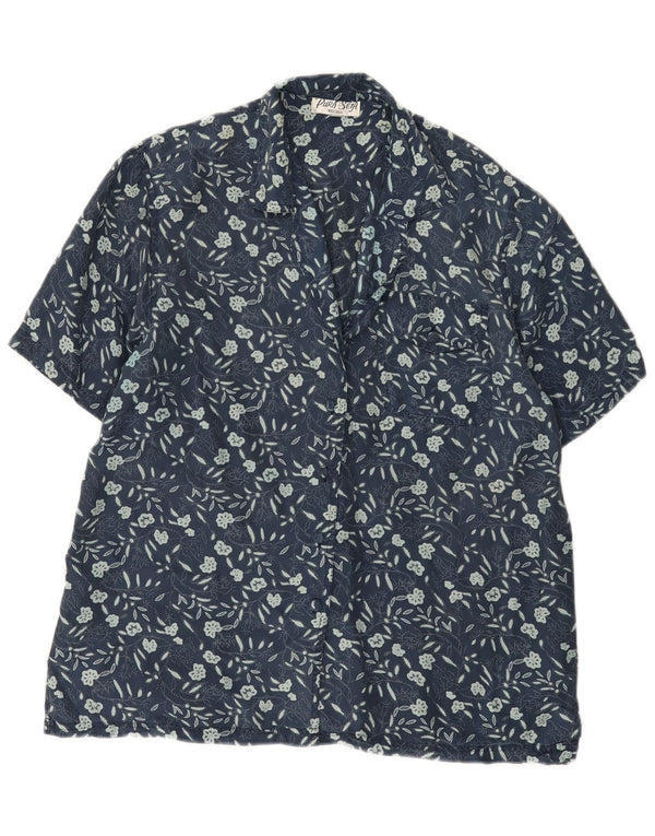 Blusa feminina vintage de manga curta Reino Unido 14 seda floral azul marinho médio