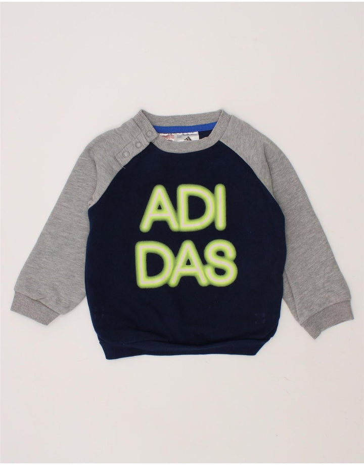 ADIDAS Baby Boys Graphic Sweatshirt Jumper 9-12 Months Navy Blue Vintage Adidas and Second-Hand Adidas from Messina Hembry 