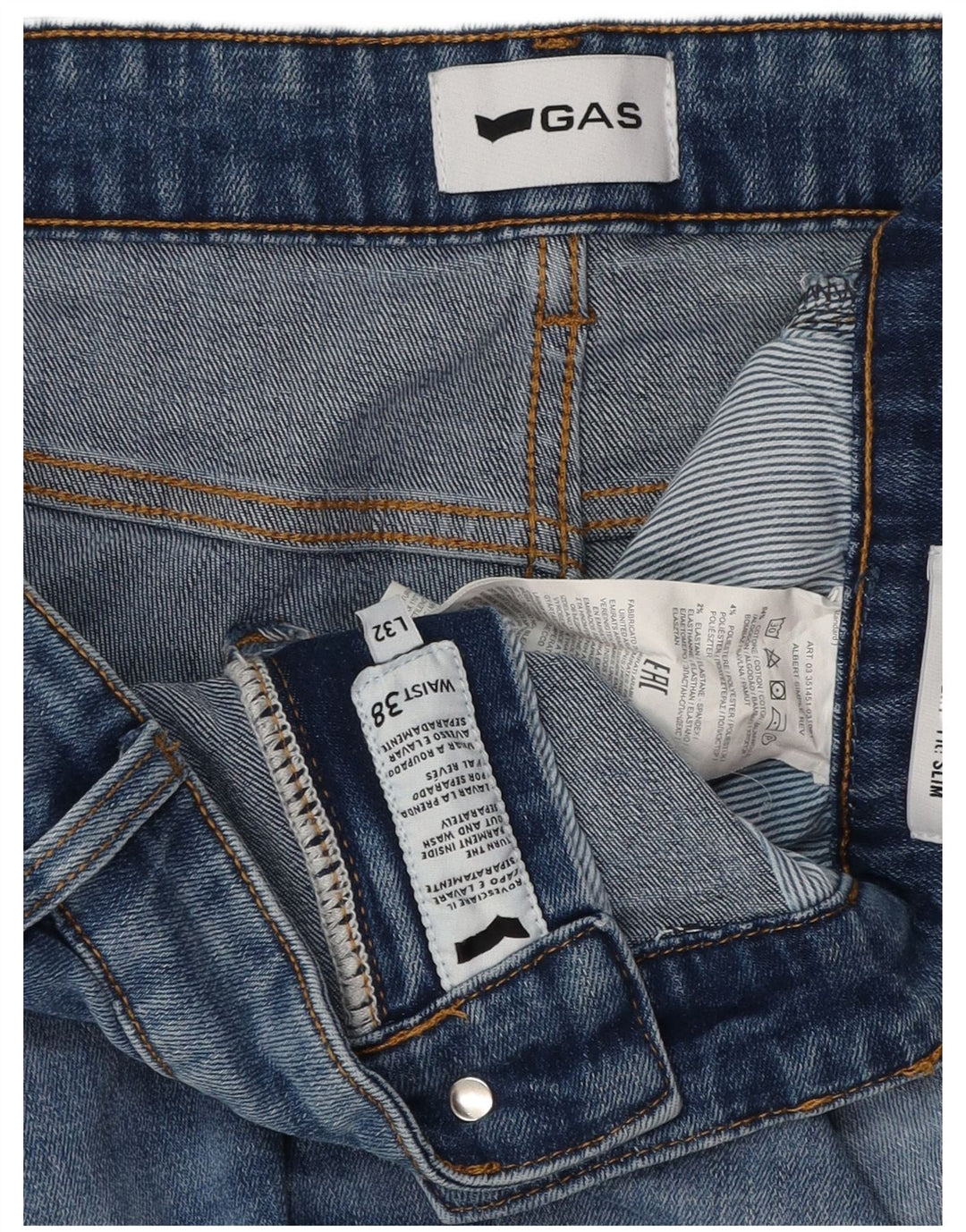 Gas Mens Distressed Slim Jeans W38 L32 Azul Algodão