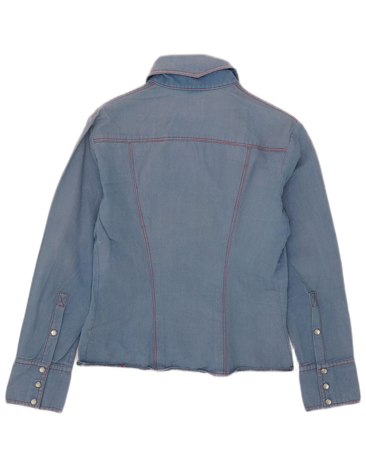 Camisa jeans feminina vintage UK 10 pequena azul