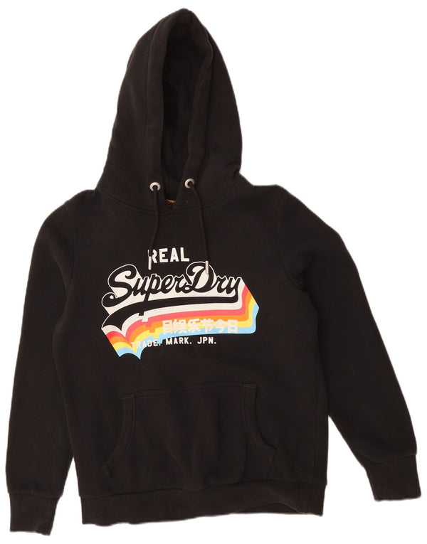 Superdry feminino gráfico moletom com capuz UK 14 grande algodão preto