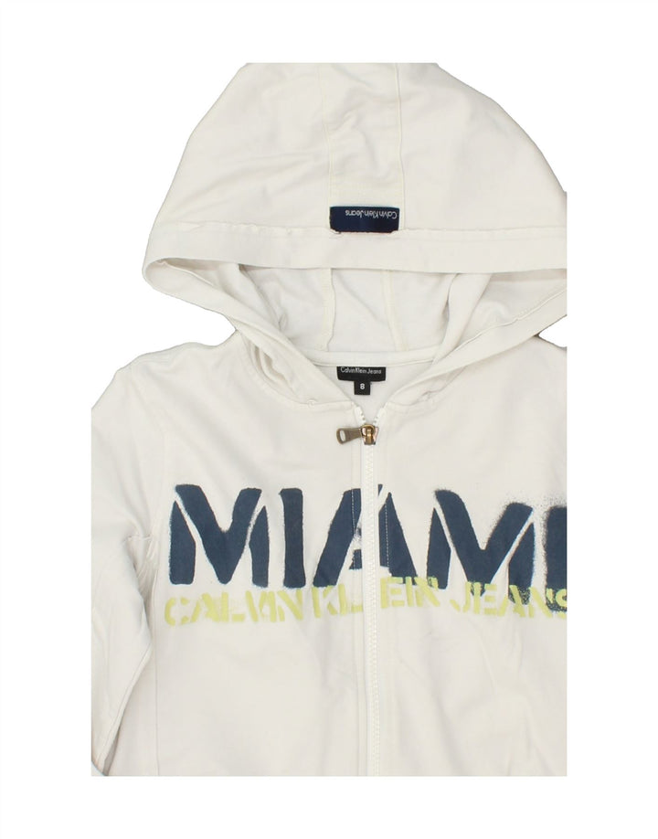 CALVIN KLEIN Boys Graphic Zip Hoodie Sweater 7-8 Years White Cotton Vintage Calvin Klein and Second-Hand Calvin Klein from Messina Hembry 