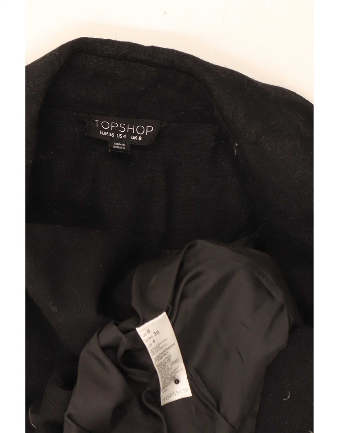 Jaqueta blazer feminina Topshop com peito duplo Reino Unido 8 pequena lã preta