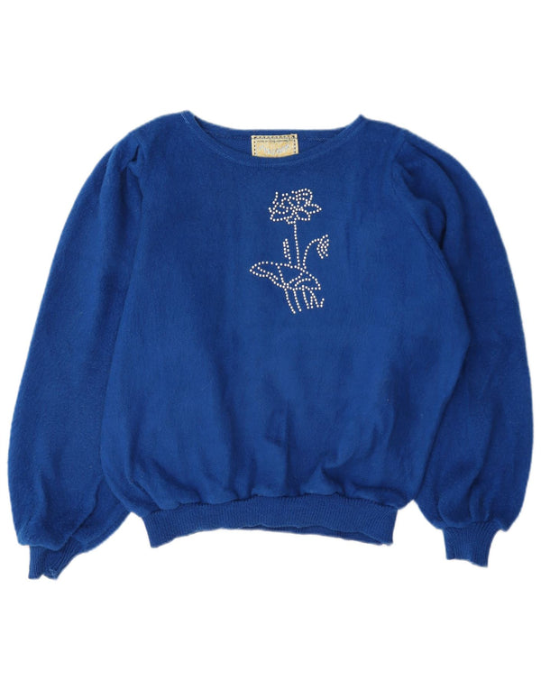 Suéter feminino vintage com gola canoa Reino Unido 16 grande azul floral