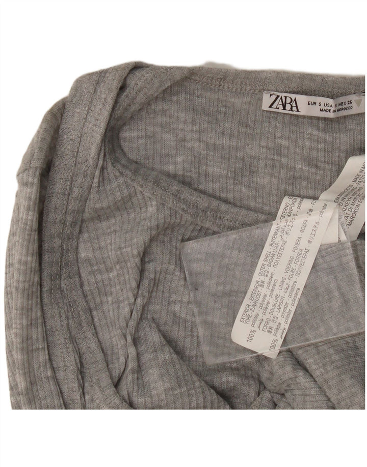 Top feminino Zara manga comprida UK 8 pequeno poliéster manchado cinza