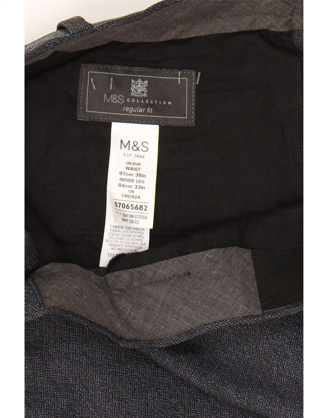 Calça masculina de ajuste regular MARKS & SPENCER W38 L33 azul marinho poliéster