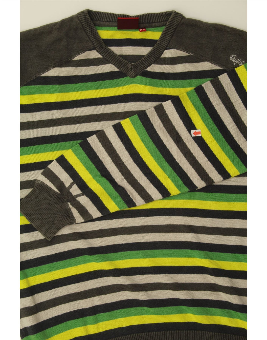QUIKSILVER Mens V-Neck Jumper Sweater XL Green Striped Cotton Vintage Quiksilver and Second-Hand Quiksilver from Messina Hembry 