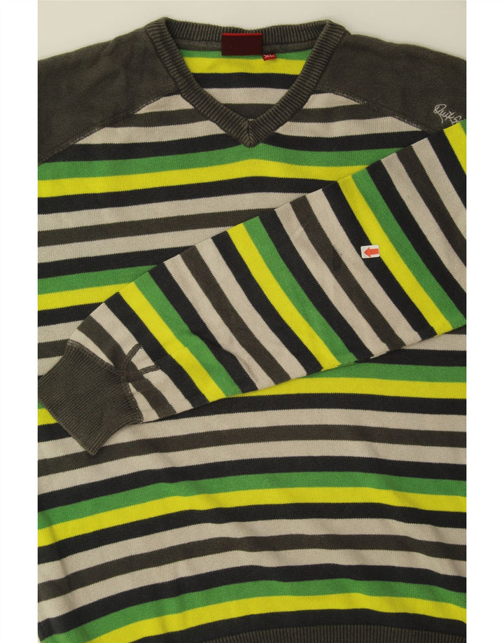 QUIKSILVER Mens V-Neck Jumper Sweater XL Green Striped Cotton Vintage Quiksilver and Second-Hand Quiksilver from Messina Hembry 