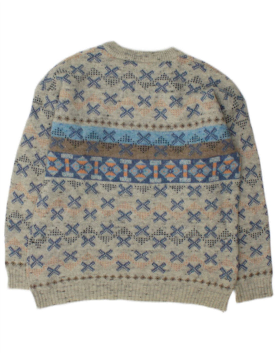 Suéter vintage masculino com gola canoa, lã geométrica cinza médio