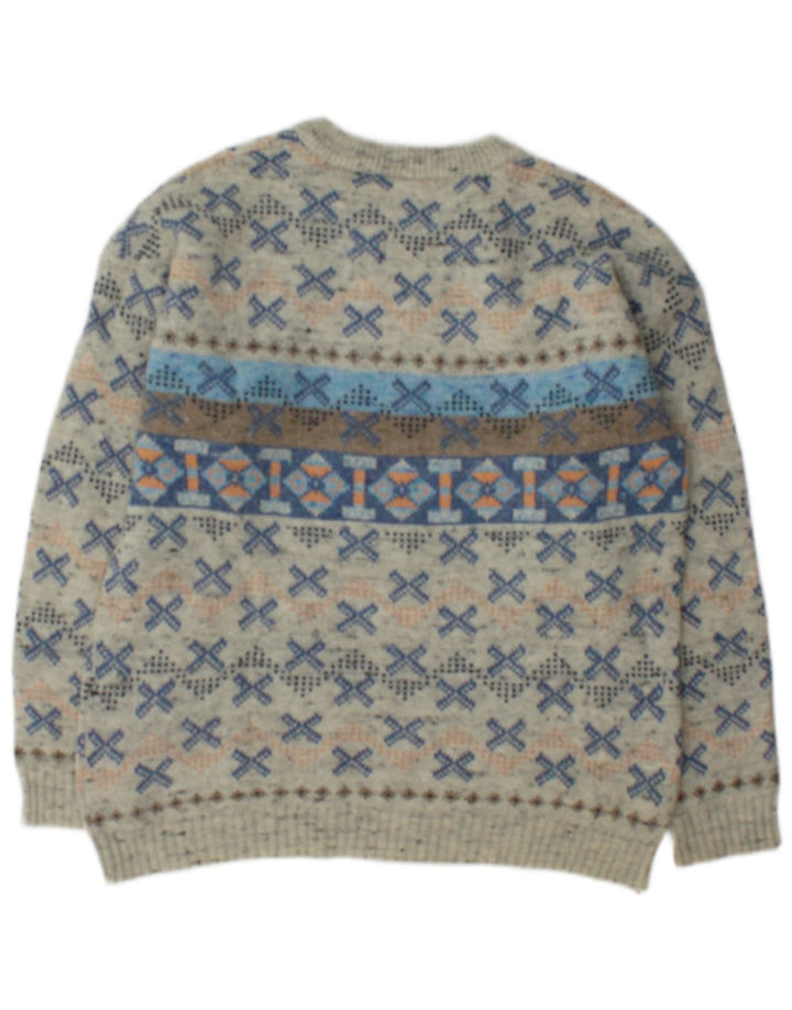 Suéter vintage masculino com gola canoa, lã geométrica cinza médio