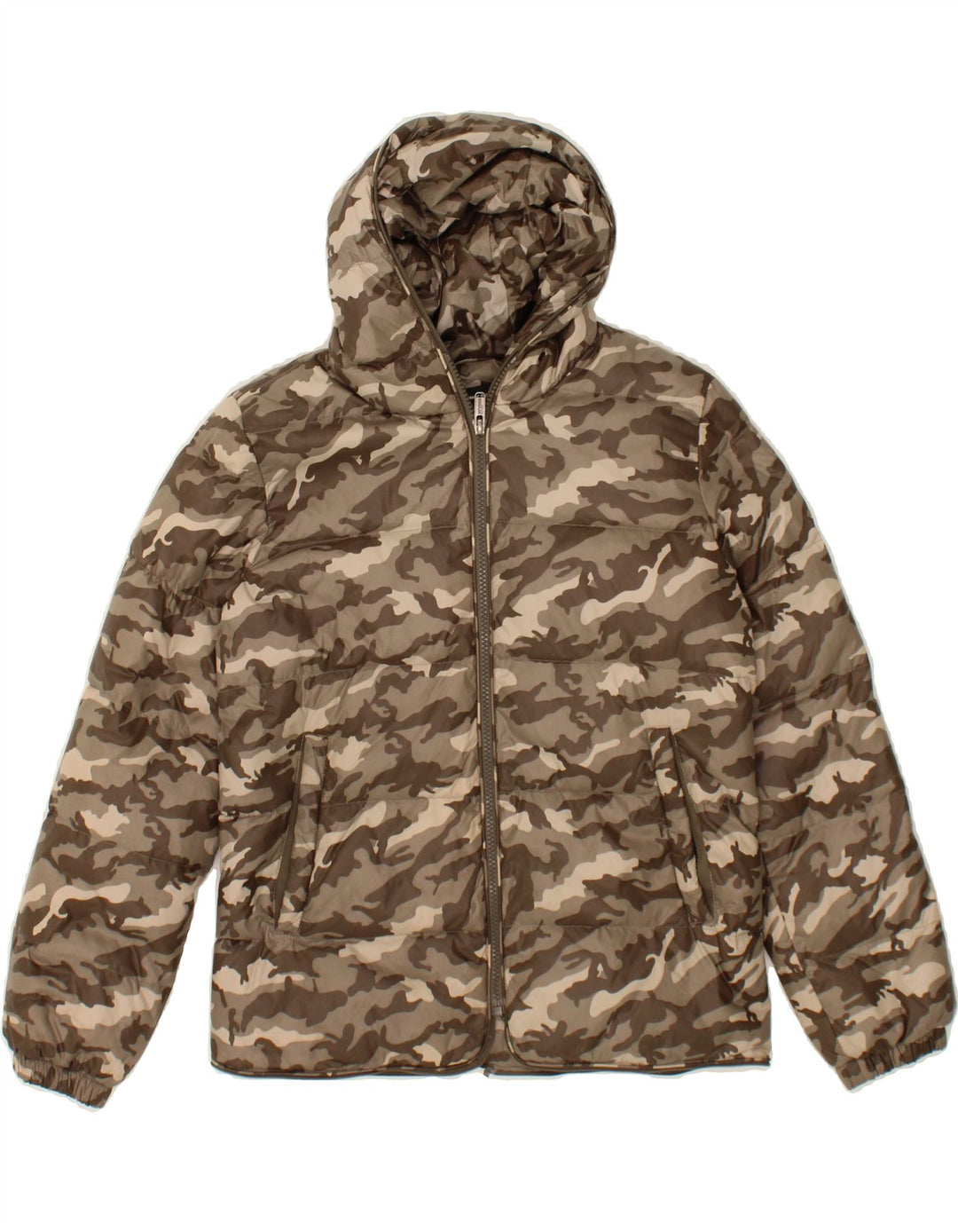 BOMBOOGIE Boys Hooded Padded Jacket 11-12 Years Brown Camouflage Nylon Vintage Bomboogie and Second-Hand Bomboogie from Messina Hembry 