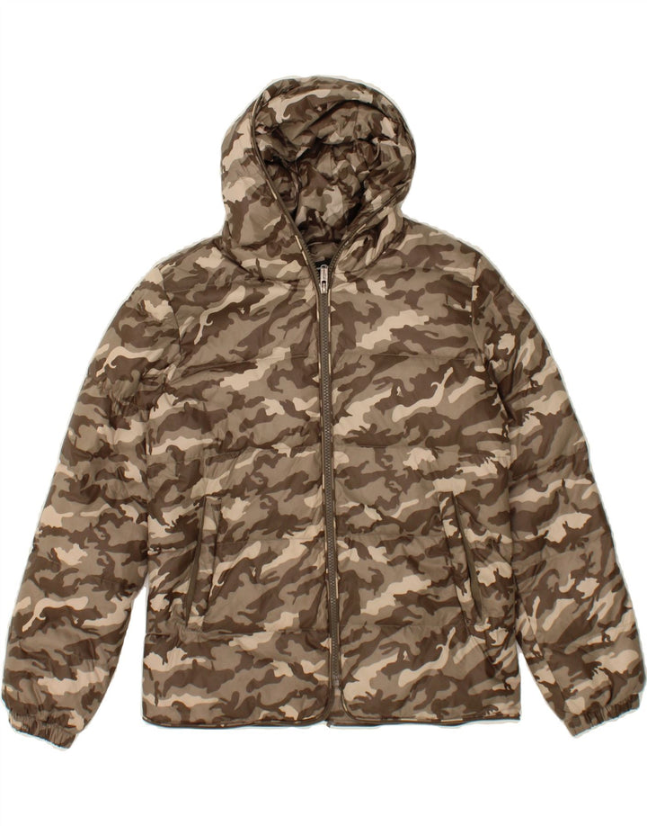 BOMBOOGIE Boys Hooded Padded Jacket 11-12 Years Brown Camouflage Nylon Vintage Bomboogie and Second-Hand Bomboogie from Messina Hembry 