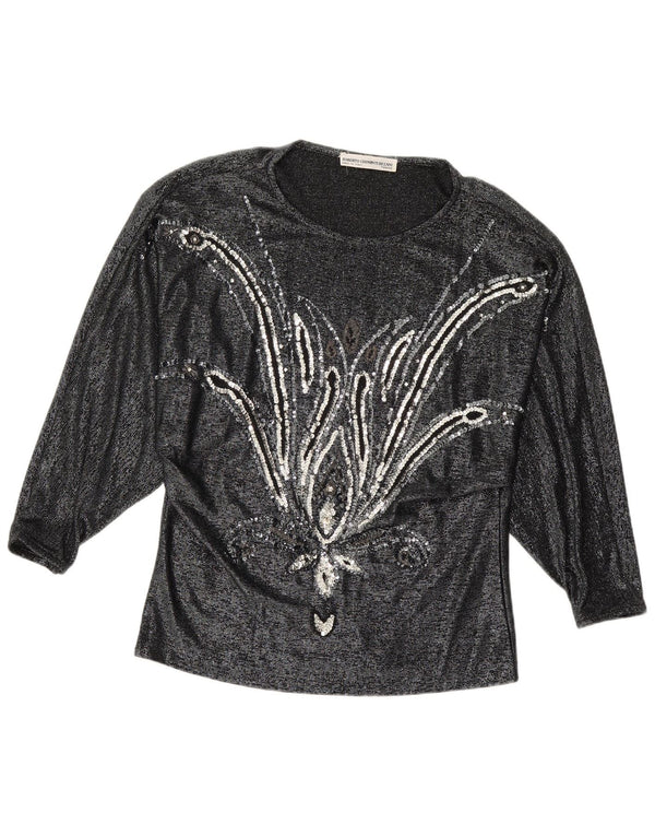 Blusa feminina VINTAGE de manga comprida IT 42 viscose floral preta média