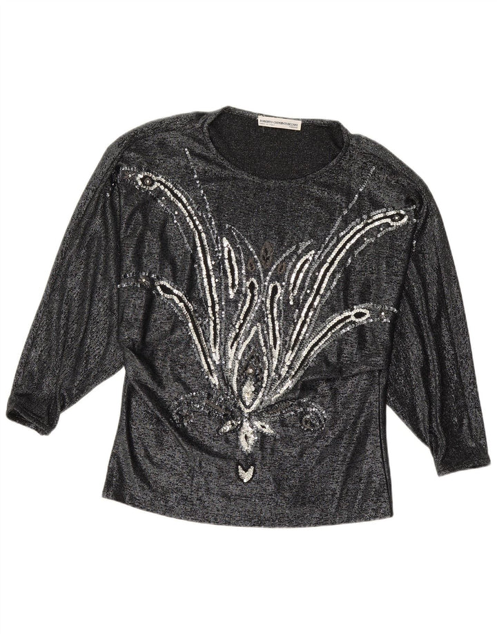 Blusa feminina VINTAGE de manga comprida IT 42 viscose floral preta média