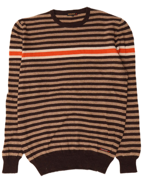 Suéter masculino Woolrich com gola redonda XL de lã listrada bege