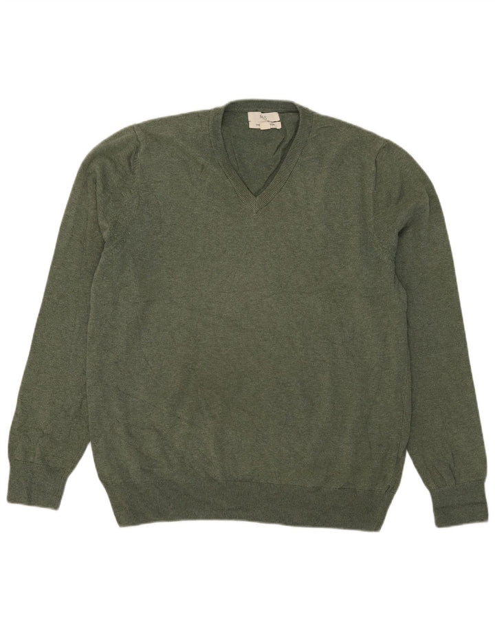 Suéter masculino Marks & Spencer com decote em V grande algodão verde
