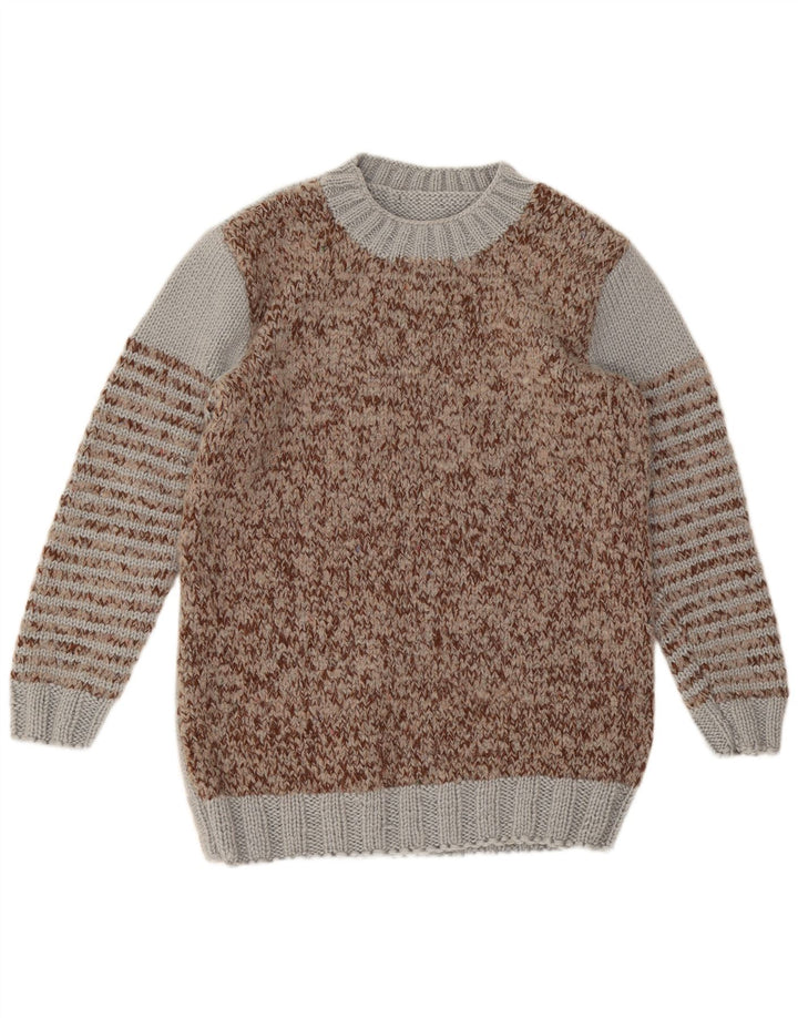 Suéter vintage masculino com gola redonda em bloco colorido marrom médio