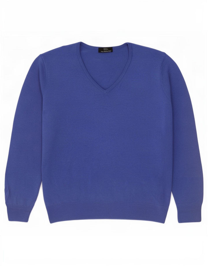 Suéter feminino Marks & Spencer com decote em V Reino Unido 12 lã merino azul médio
