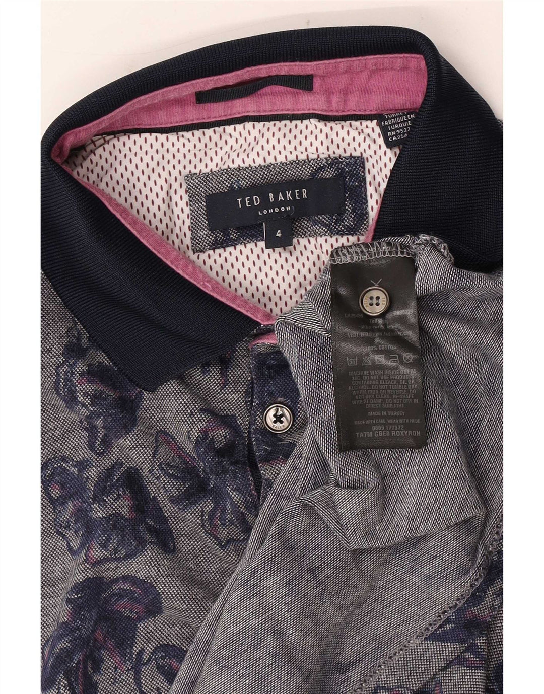 Camisa polo masculina Ted Baker tamanho 4 grande algodão floral cinza
