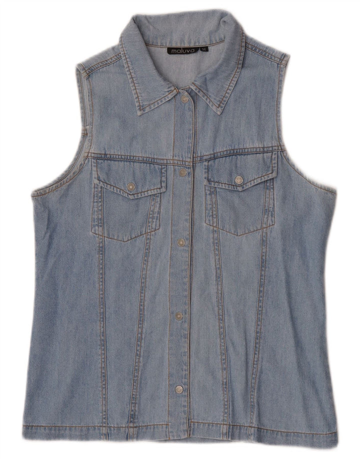 Camisa jeans feminina vintage sem mangas UK 12 azul médio