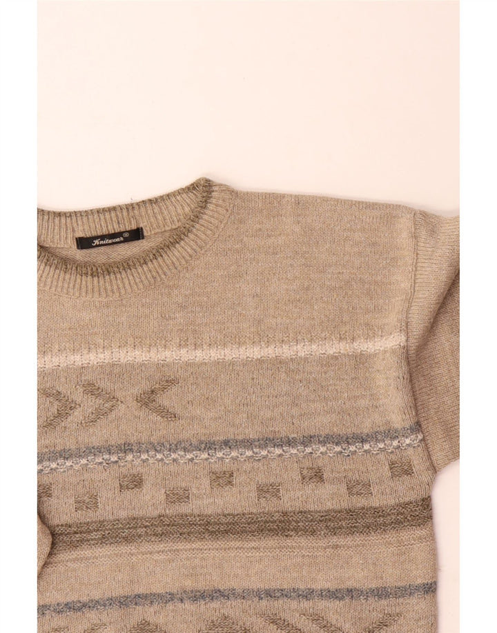 Suéter vintage masculino com gola redonda, bege médio, acrílico Fair Isle