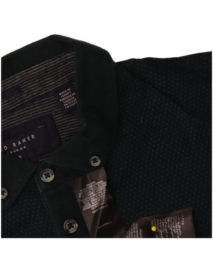Camisa polo masculina Ted Baker tamanho 3 algodão manchado verde médio