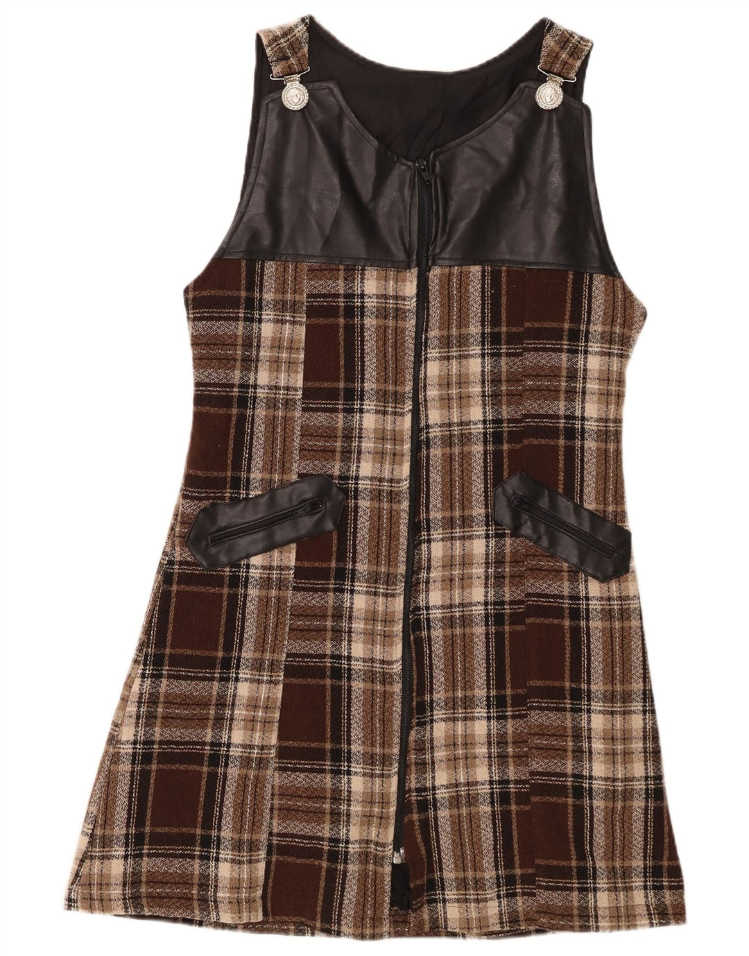 Vestido feminino vintage sem mangas linha A IT 44 xadrez marrom médio