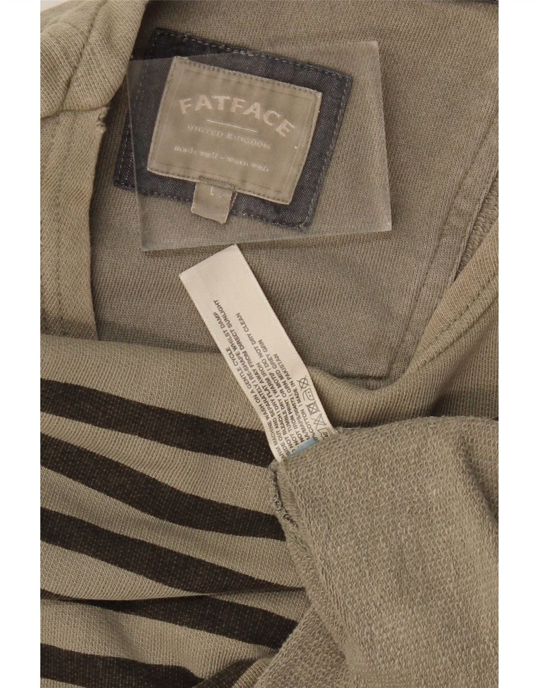 FAT FACE Mens Top Manga Longa Grande Algodão Listrado Cáqui