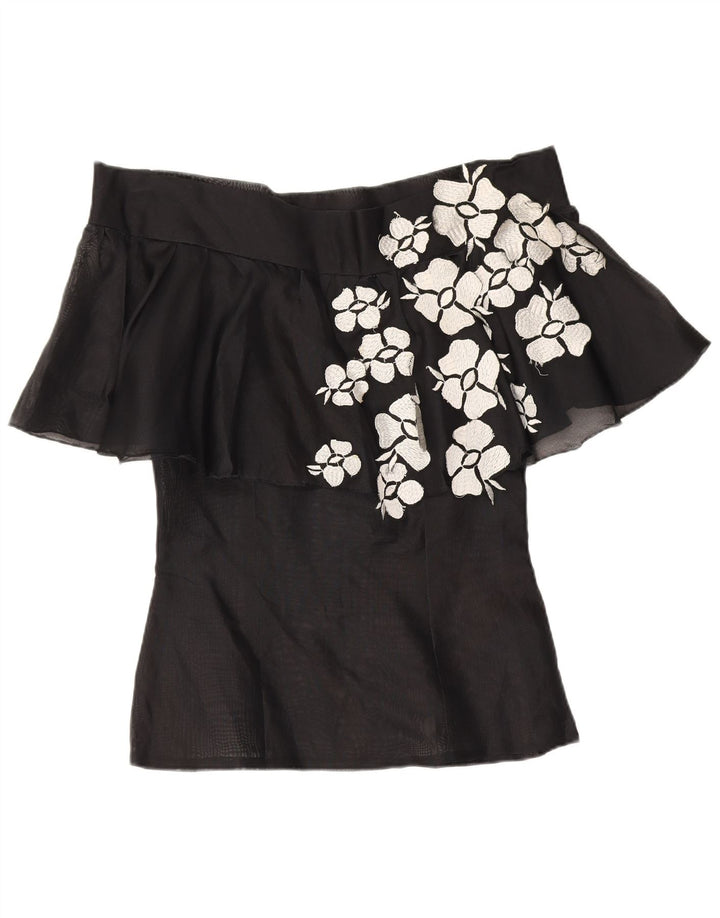 Top feminino vintage sem ombro UK 10 pequeno floral preto