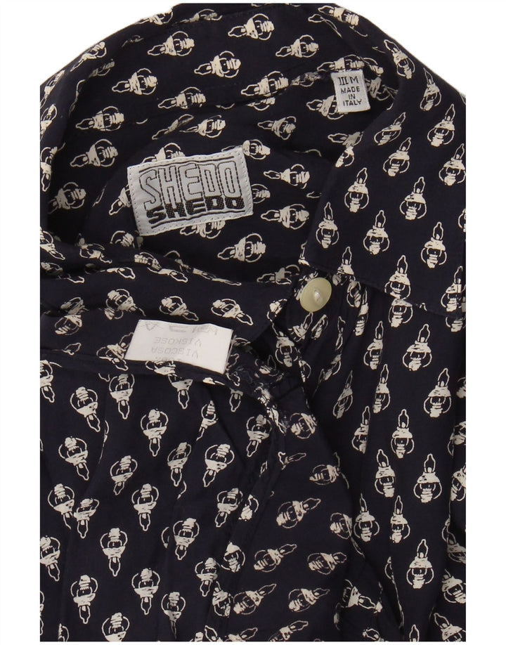 Camisa masculina VINTAGE com estampa abstrata de manga curta média azul marinho viscose