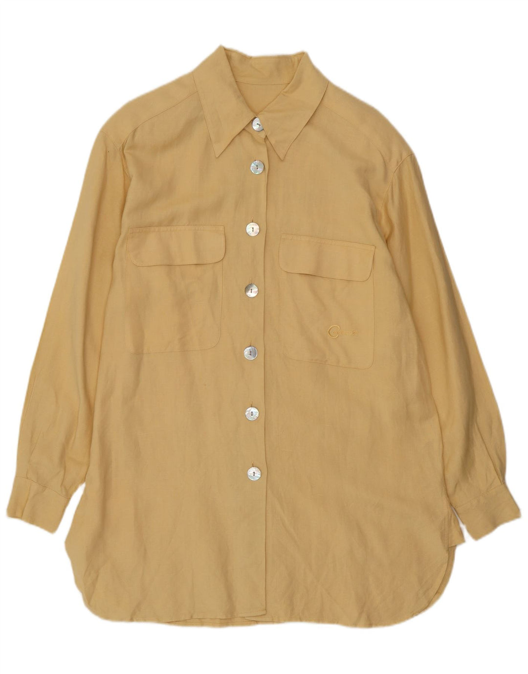 Camisa feminina vintage de manga comprida com palangre UE 38 linho amarelo médio