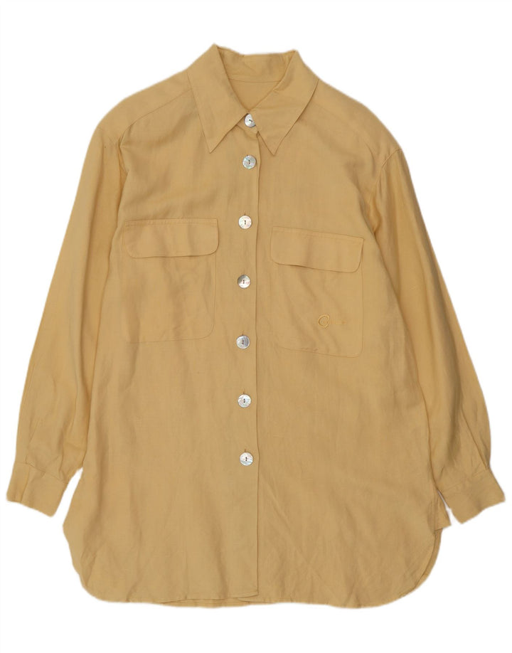 Camisa feminina vintage de manga comprida com palangre UE 38 linho amarelo médio