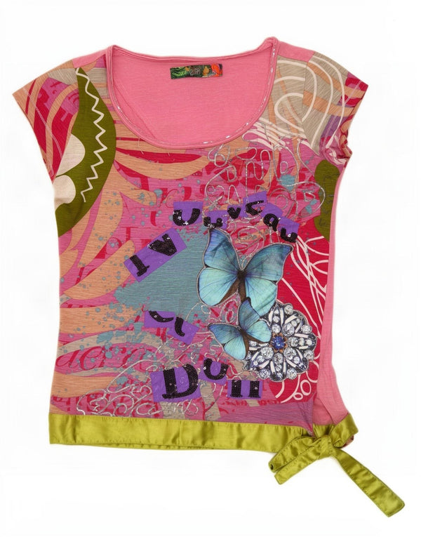Camiseta feminina Desigual com estampa gráfica UK 12 algodão floral rosa médio