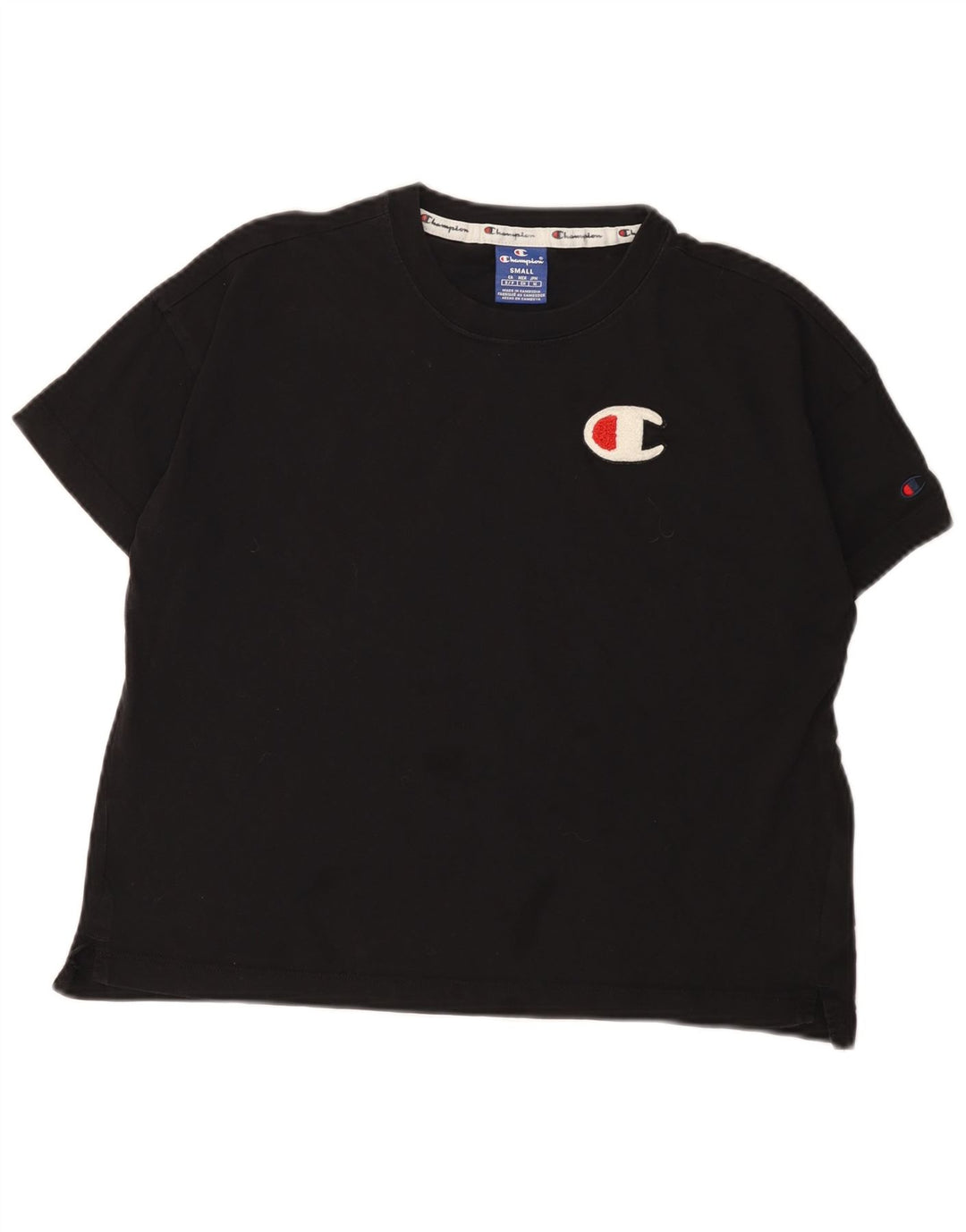 Camiseta feminina grande Champion UK 10 pequena algodão preto