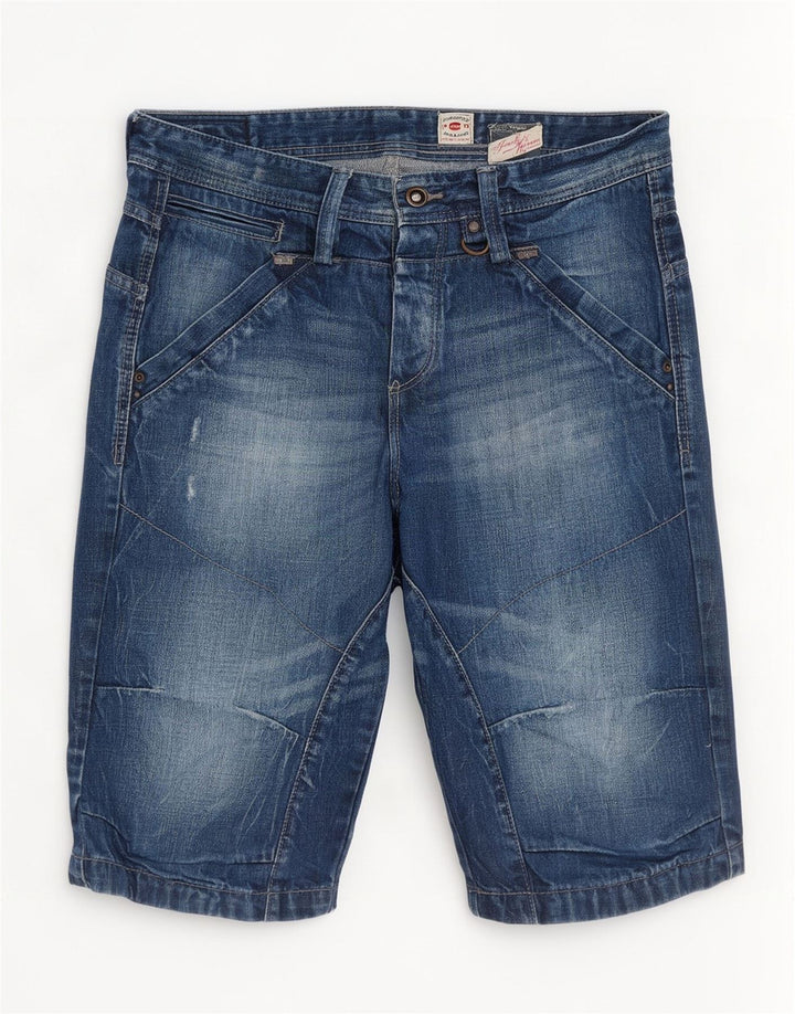 Shorts jeans masculinos Jack & Jones desgastados médio W32 algodão azul