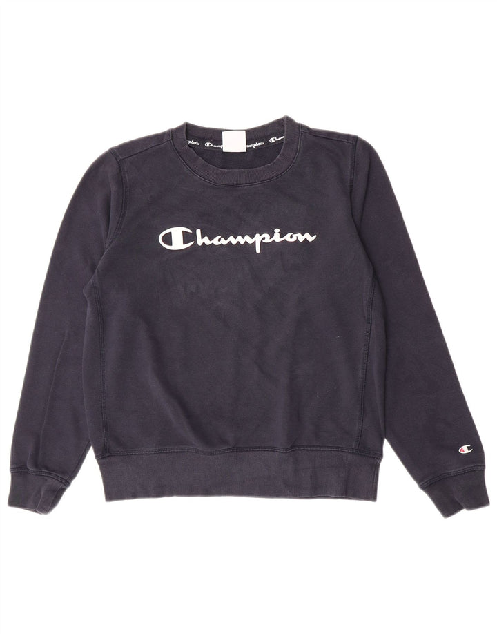 Champion feminino gráfico moletom jumper UK 14 médio azul marinho algodão