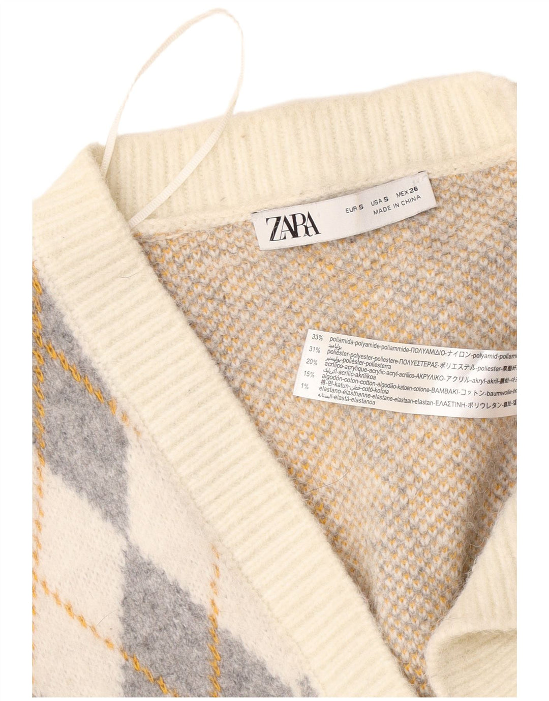 Suéter cardigã feminino grande Zara Reino Unido 10 pequeno off white Argyle/Diamante